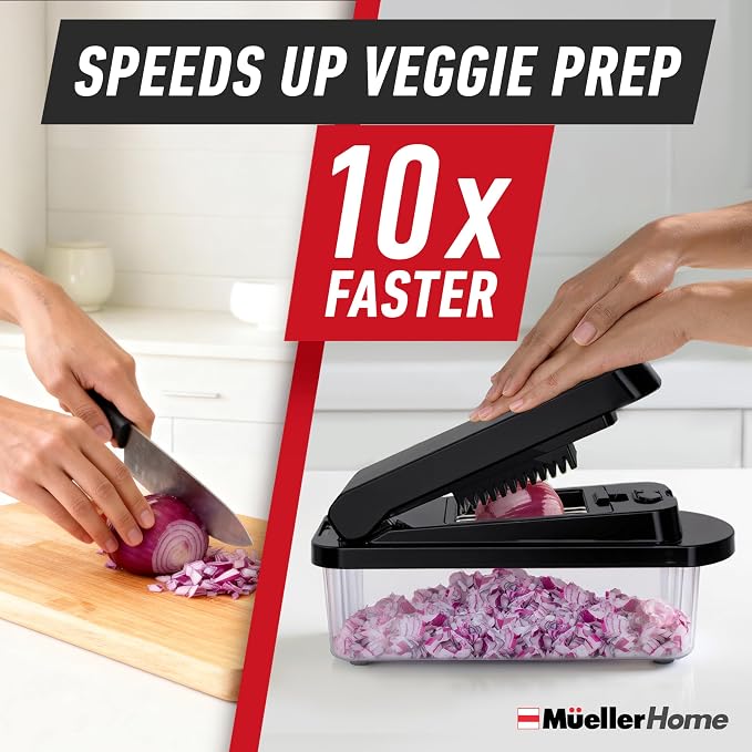 MUELLER HOME Pro-Series 10-in-1, 8 Blade Vegetable Chopper, Mandoline Slicer, Onion Mincer, Cutter, Dicer, Veggie Chopper with Container, Kitchen Essentials, House Warming Gifts New Home, Black