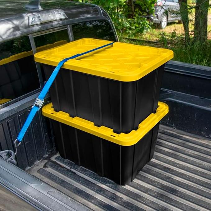 Sterilite 4-Pack 27 Gallon Industrial Storage Tote, Heavy-Duty Plastic Bins, Black/Yellow - Stackable Utility Organizers with Lids for Garage, Camping Tools, and Outdoor Gear