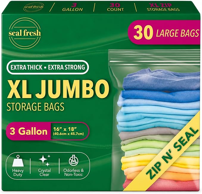 Seal Fresh 3 Gallon Large Plastic Storage Bags – 16" x 18" (30 Count) – Reusable XXL Extra Large Clear Jumbo Zip Bags with Sealable Zipper Top For Clothes, Travel, Moving