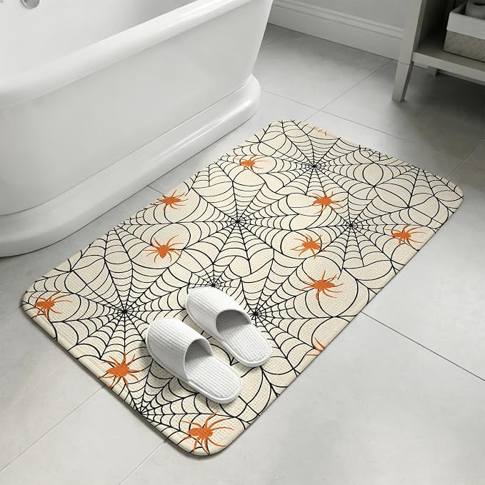 Halloween Bathroom Rugs Non Slip Washable Bath Mat Absorbent Low Pile Front Door Mat Orange Black Net Classic Spiders Gingham Indoor Doormat for Kitchen Entryway Shower Decor Accessories 19.7"x31.5"