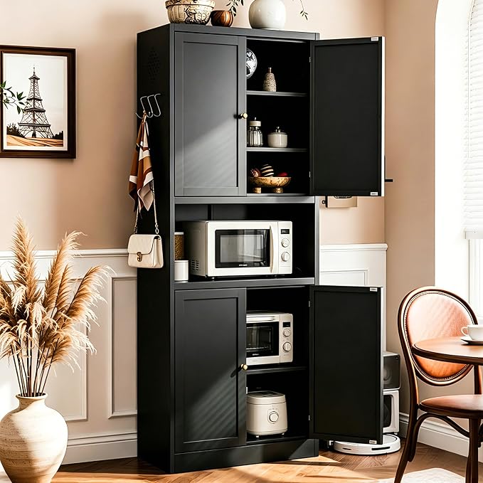 AQY Metal Pantry Cabinet, 72" Black Kitchen Storage Cabinet with Doors | Microwave Stand 3 Adjustable Shelves Freestanding Storage Metal Cabinet Kitchen Organization