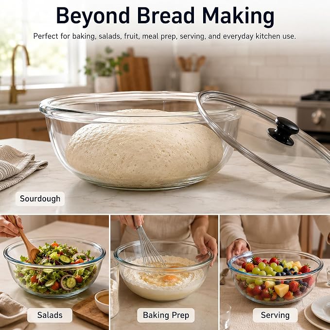 6.7 QT Sourdough Proofing Bowl with Glass Lid, Large Borosilicate Glass Bowl for Bread Dough Rising, Clear Mixing Bowl for Sourdough Bread Making, Baking, Salad and Food Prep