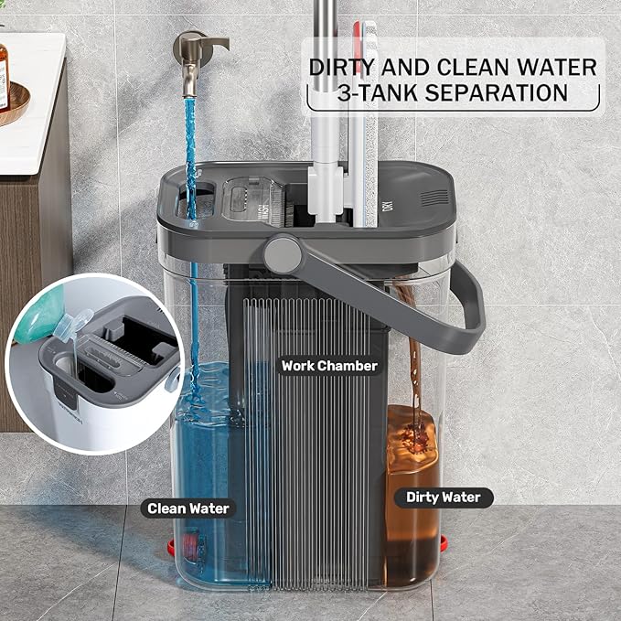 HoMettler Dual Mop and Bucket Set, Flat Mop and Bucket System with Separate Dirty and Clean Water, 3-Compartment Wall Cleaner Mop, Flat Mops for Floor Cleaning with 6 Microfiber Pads