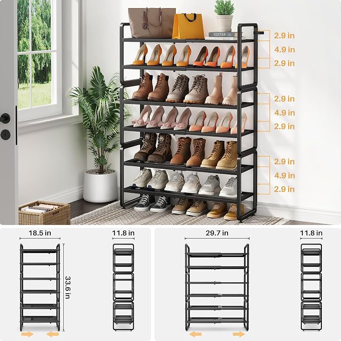 SNTD Shoe Rack - Expandable Shoe Organizer for Closet, Adjustable Metal Shoe Shelf Storage, Stackable Long Shoe Stand Holder for Garage, Entryway, Door Entrance (Black, 6-Tier)
