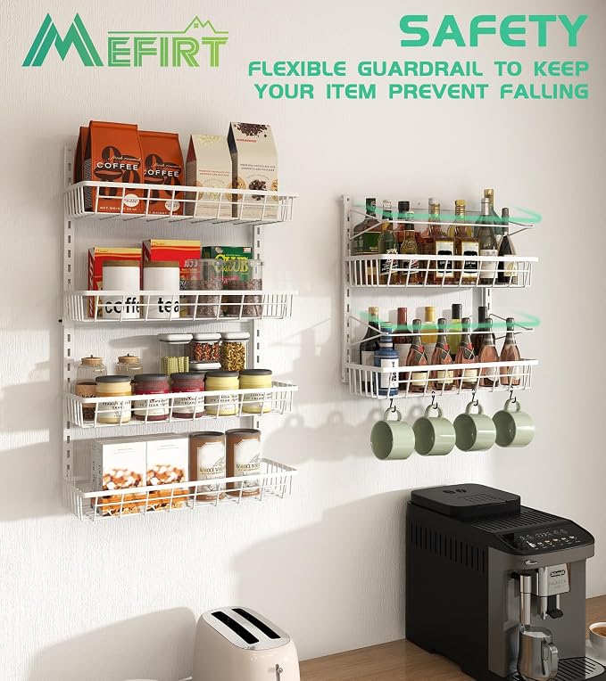 Mefirt Over The Door Pantry Organizer, Wall Mount Spice Rack, Pantry Hanging Storage and Organization, 6 Adjustable Baskets Heavy-Duty Metal for Home & Kitchen, Back of Door Seasoning Rack - White