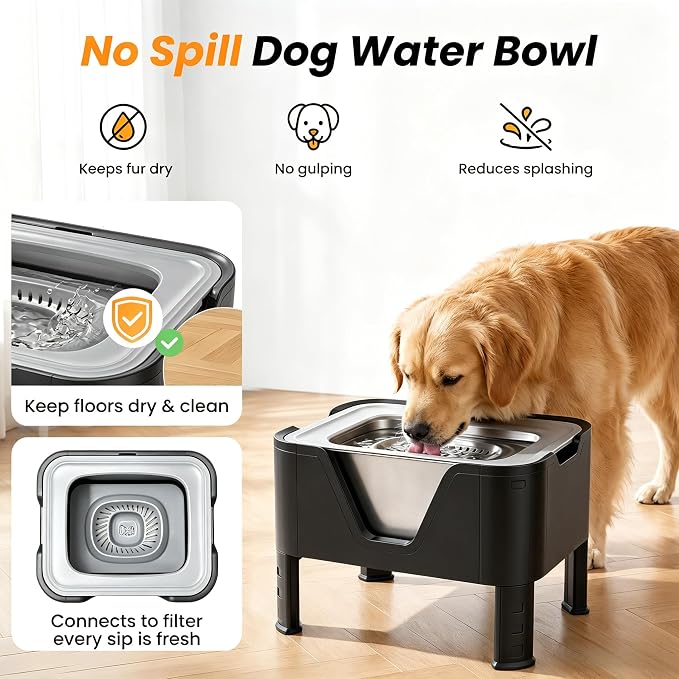 18L (4.7Gal) Extra Large (17.9x14x14.7) Elevated Dog Water Bowl, Height Adjustable Raised Stand for Large & XL Dogs, Stainless Steel No-Spill Bowl with Replaceable Filter for Multi Dog, No Pump