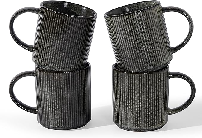famiware Coffee Mug Set for 4, Star 16 oz Catering Mugs Cup Set with Handle for Coffee, Tea, Cocoa, Milk - Ceramic Stoneware Drinkware Set, Deep Forest