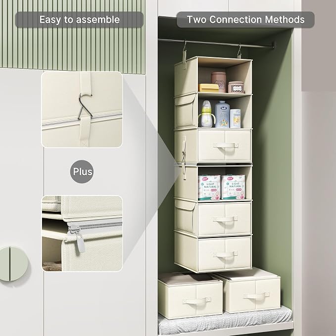 Vailando 6-Shelf Hanging Closet Organizer with 3 Drawers, 2 Separable 3-Shelf Closet Organizers and Storage for Wardrobe Organization, Hanging Dresser for Nursury & Dorm Clothes Organizer, Beige