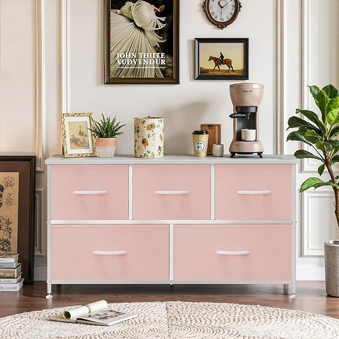 5-Drawer Dresser for Bedroom, Anti-Tip Wide Storage Organizer Fabric Chest of Drawers TV Stand for 45" TV with Wooden Top and Metal Frame for Closet, Living Room, Hallway, Entryway, Pink