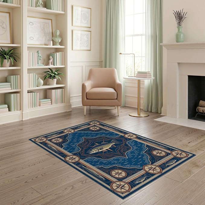 4'x6' Washable Area Rug Bass Nautical Wildlife Lake Map Border Lure Tackle Fish Fishing Refined for Dorm Room, Small Living Apartment, Stain Resistant Low Profile