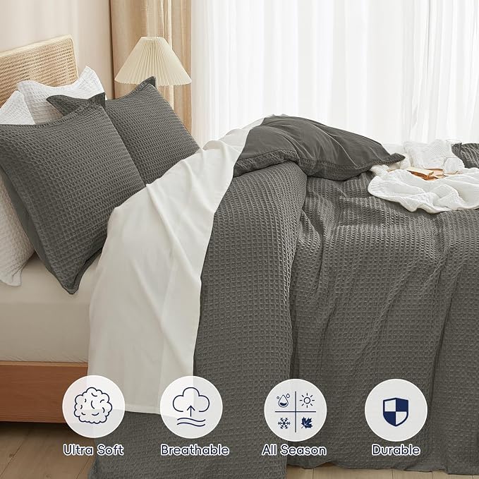 PHF Waffle Weave Duvet Cover Set King Size, No Snagging Ultra Soft Luxury Textured Breathable Comforter Cover for All Season 3pcs, Durable Bedding Duvet Set with 2 Pillow Shams, 104"x90", Grey