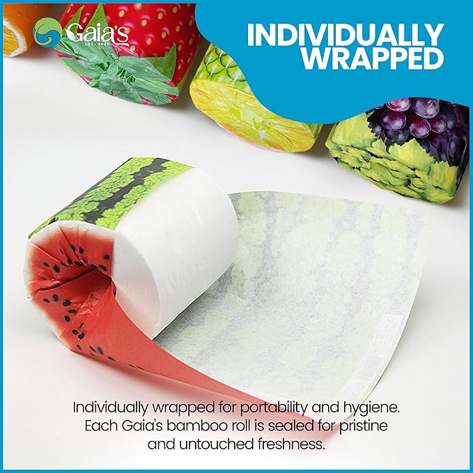 Gaias Premium and Soft Fruit TP Organic Bamboo Toilet Paper | 12 Mega Rolls, 3 Ply, 370 Sheets | FSC Certified, PFAS & BPA Free, Eco-Friendly, Sustainable Tissue - Plastic Free, Septic Safe, Vegan