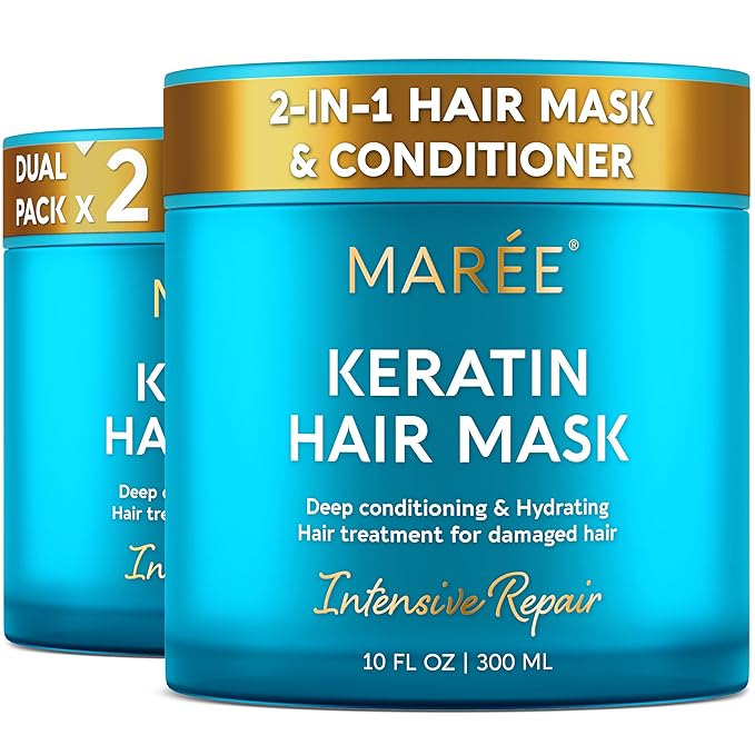 MAREE Deep Conditioning Hair Mask for Damaged Hair Treatment 2 Pack – Keratin Hair Care for Hydrating Growth Repair Moisturizing – Dry Curly Color Refreshing – 10 Fl Oz, White