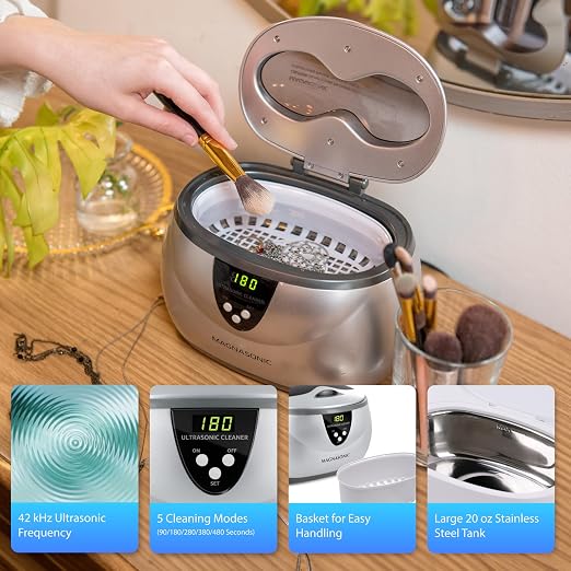 Magnasonic Ultrasonic Cleaner - 20oz Stainless Steel Tank, Digital Timer, 5 Cleaning Modes, Ultrasonic Jewelry Cleaner for All Jewelry, Eyeglasses, Watches, Dentures, Retainers & More