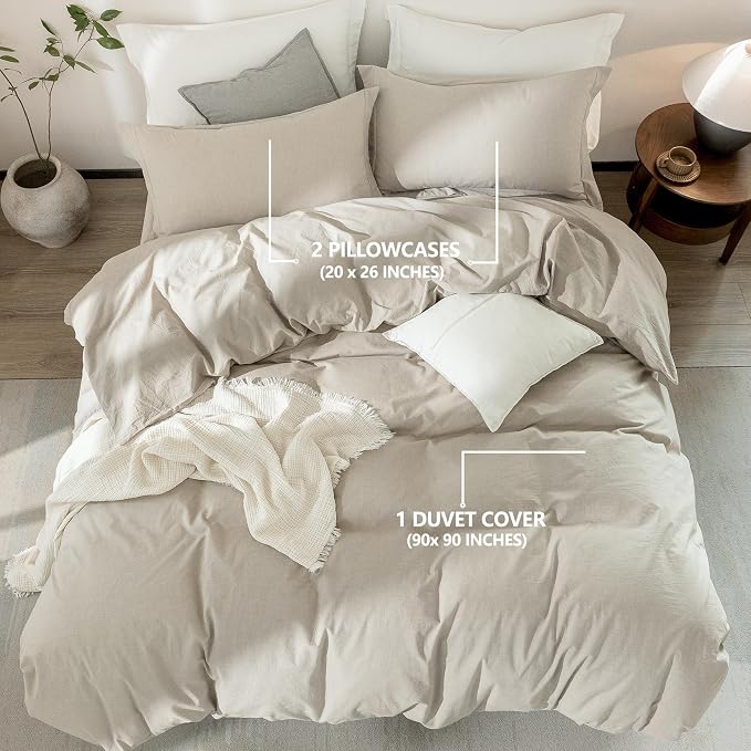 Linen Grey Duvet Cover Queen Size 90inch x 90inch,100% Washed Cotton Duvet Cover with Zipper Closure and 2 Pillowcases, Color of New Nature Linen