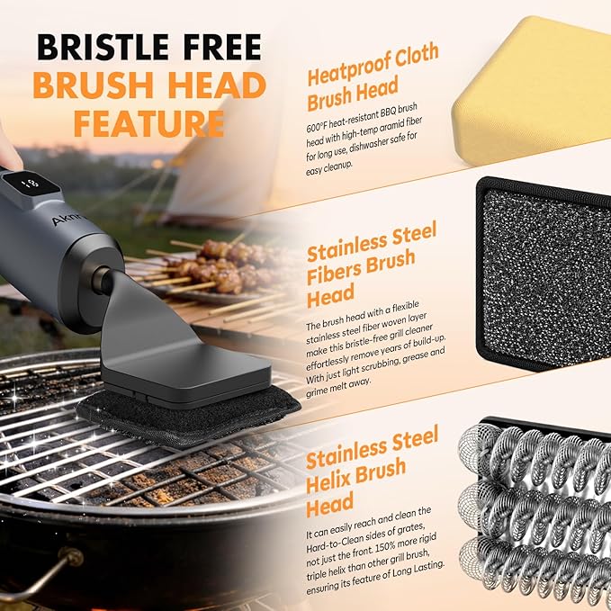 Electric Grill Brush - Bristle Free Grill Brush for Outdoor Grill, Cordless BBQ Grill Cleaner with 3 Heads, Rechargeable 240 Mins Runtime Barbecue Grill Cleaning Brush (Gray)
