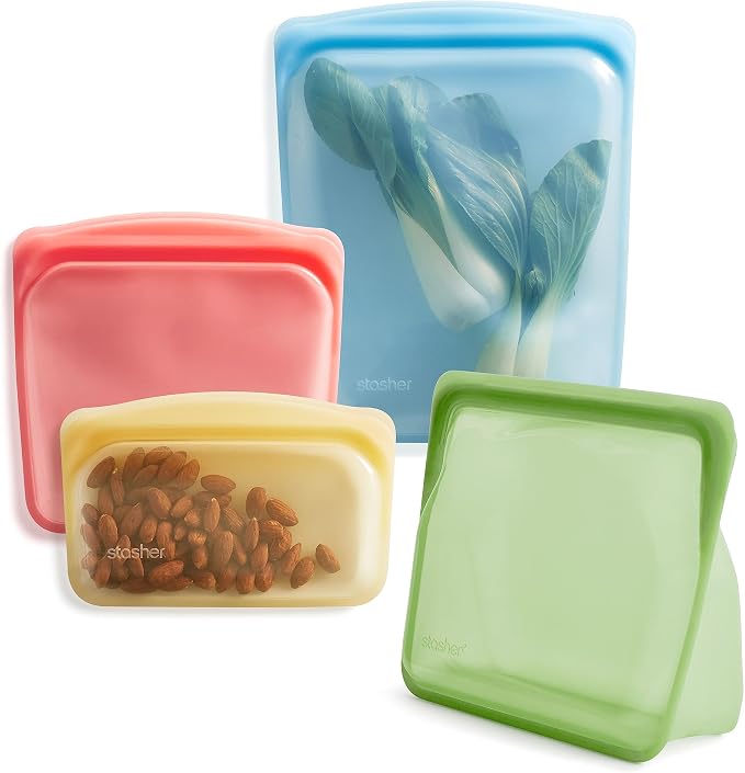Stasher Premium Reusable Silicone Food Storage Bags, 4-Pack, Multicolor | Food-Safe Silicone, Eco-Friendly, Reusable Freezer Bags, Microwave, Dishwasher, Oven, Snack Bags, Lunch Containers, Meal Prep