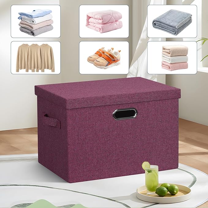 Graciadeco Large 17" 36 Quart Collapsible Stackable Storage Bins with Lids, 3 Packs Purple Linen Fabric Closet Boxes with Lids, Storage Cube Baskets Container Organizers for Bedroom Office (17x12x11)