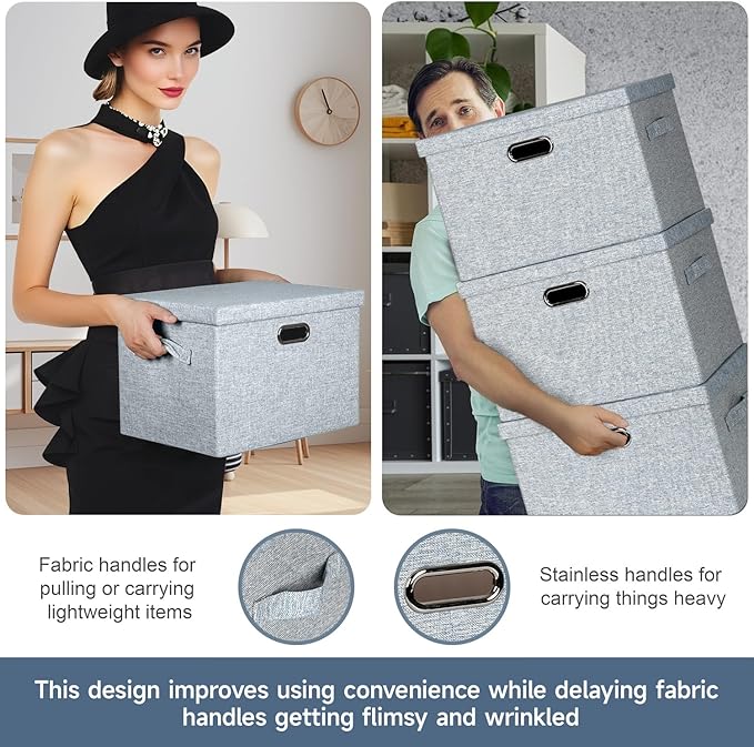 Graciadeco Large 17" 36 Quart Collapsible Stackable Storage Bins with Lids, 3 Packs Blue-Grey Linen Fabric Closet Boxes with Lids, Storage Cube Baskets Container Organizers for Bedroom (17x12x11)