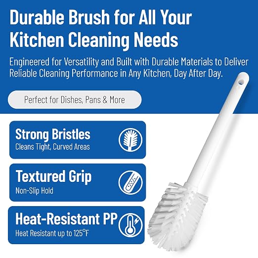 SPARTA Large Water Bottle Brush Ideal for Wide-Mouth Jars, Bottles and Tumblers, Dishwashing Tool with Handle for Home and Commercial Kitchens, Plastic, 12 Inches, White, (Pack of 6)