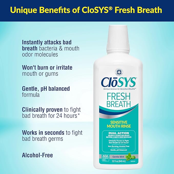 CloSYS Mouthwash, 32 Ounce, 3 Count, Fresh Breath Mouthwash, Gentle Mint, Alcohol Free, Dye Free, pH Balanced Mouth Wash, Helps Soothe Entire Mouth, Fights Bad Breath