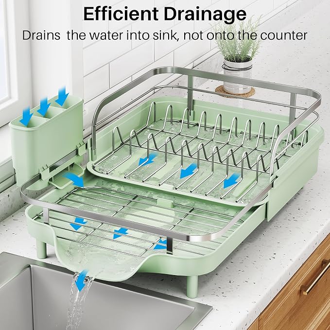 SNTD Dish Drying Rack, Expandable Dish Rack for Kitchen Counter, Stainless Steel Dish Drainer with Drainboard Set and Utensil Holder (Green)