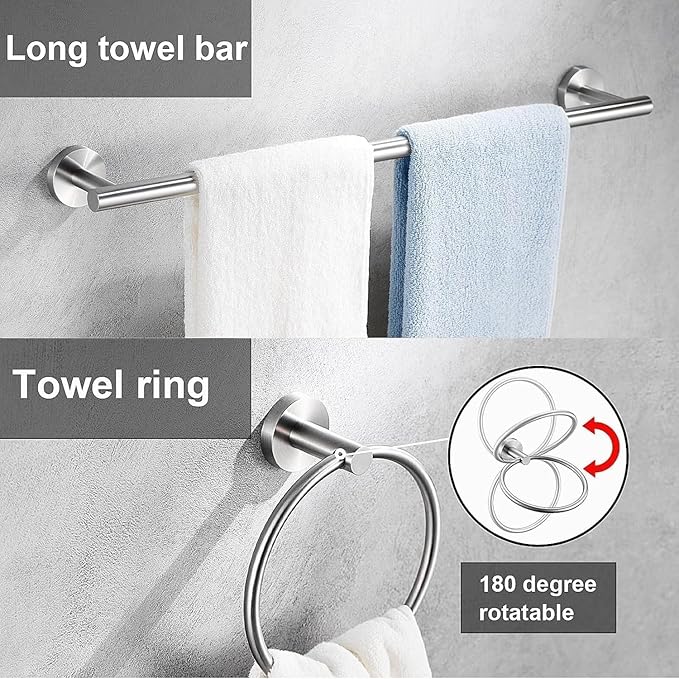 5 Pieces Bathroom Hardware Accessories Set Brushed Nickel, 24Inch Round Towel Racks Set for Bathroom, SUS304 Stainless Steel Towel Bar Set,Toilet Paper Holder Wall Mounted