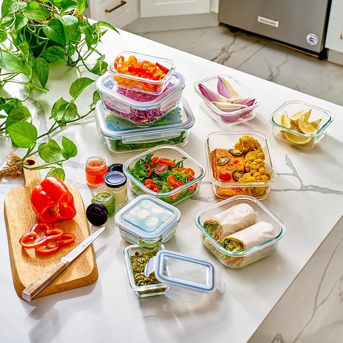 40pc Set Glass Food Storage Containers & Bowls with Airtight Lids - Leakproof BPA-Free Meal Prep Airtight Stackable Lunch Boxes, Kitchen Pantry & Storage Organizers - Microwave Freezer Dishwasher Safe