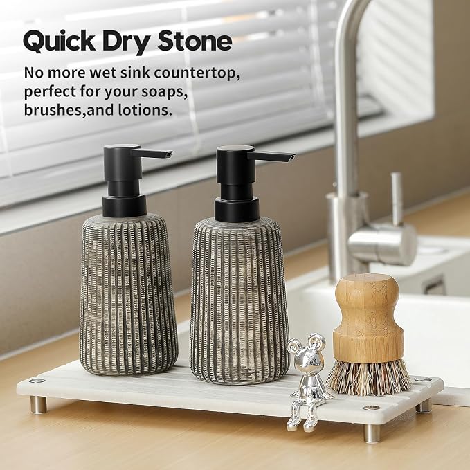 Instant Dry Sink Caddy Kitchen Sink Organizer, Quick Drying Stone Tray Diatomite Sponge Holder Soap Dish, Bathroom Countertop Fast Dry Water Absorbing Vanity Rack, Beige,12" x 5"