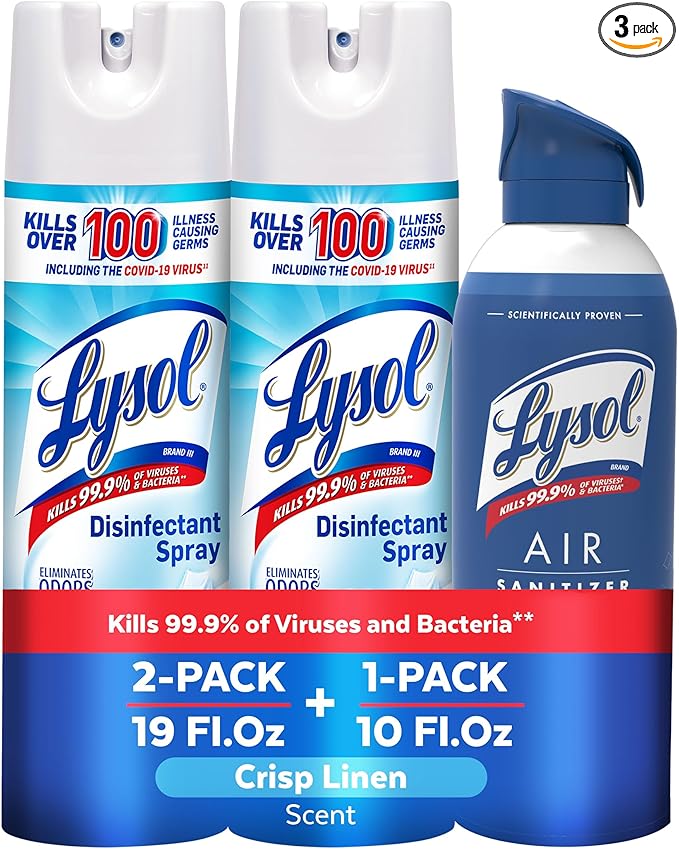 Lysol Bundle containing x2 Lysol Disinfectant Spray for Hard and Soft Surfaces, Crisp Linen, 19 Fl. Oz + Lysol Air Sanitizer Spray, For Air Sanitization and Odor Elimination, White Linen, 10 Fl. Oz