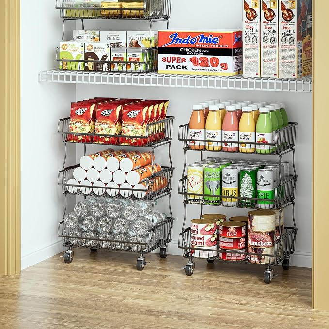 OKZEST Pantry Organizers and Storage Cart with Upgraded Metal Hub Casters | Fits under pantry shelf, Stackable fine-mesh wire baskets, 3-Tier rolling cart holds drink, snack, can, potato, onion, fruit