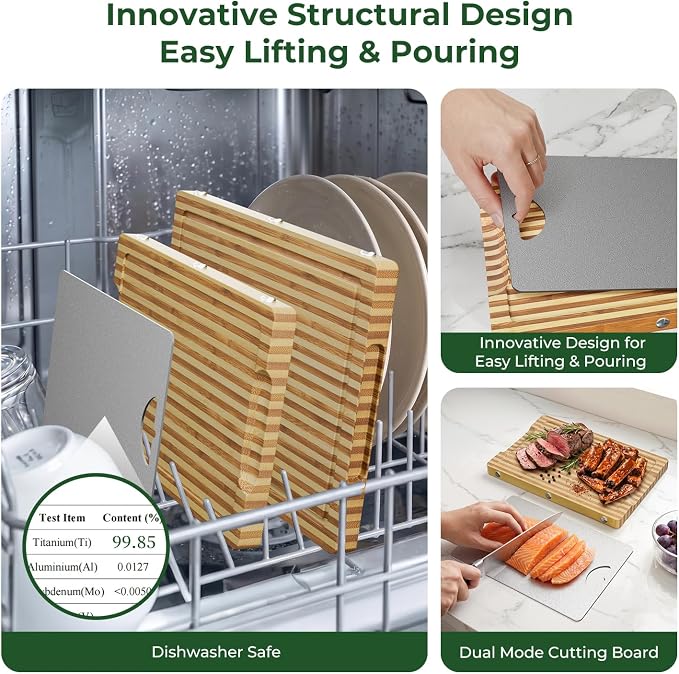 Glue Free, Plastic Free Zebra-Stripe Bamboo Pure Titanium Cutting Board Set | 6 Usable Sides, Juice Grooves, Non-Slip & Scratch Resistant, Knife-Friendly, Dishwasher Safe, Warp Resistant, Kitchen Gifts
