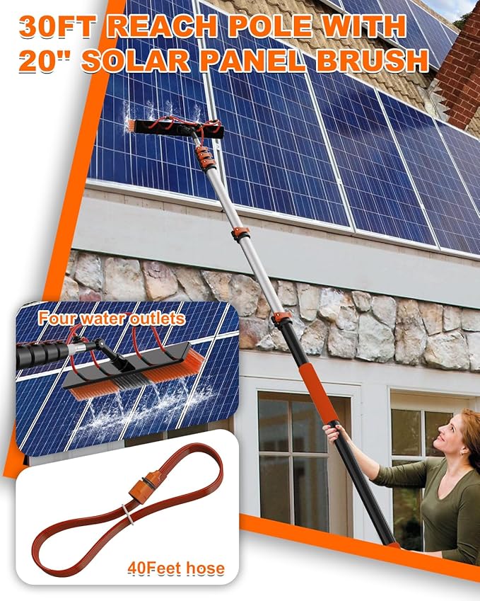 30Ft Reach Solar Panel Cleaning Brush Kit with 5-24ft Telescoping Pole, Water Fed Window Cleaner Tool with 20" Brush, Soap Dispenser, Cobweb Duster, Squeegee for Roof, RV, Gutter, Boat, Deck