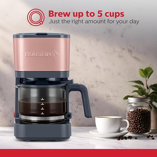 Holstein Housewares 5 Cup Coffee Maker – Compact Drip Coffee Machine with Auto Pause & Serve, Reusable Filter, Glass Carafe, Water Window & Warming Plate. Dark Grey & Rose Gold