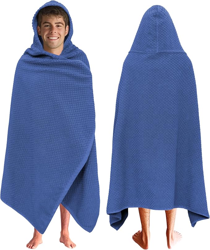 COTTON CRAFT Hooded Bath Towel for Adults – 100% Cotton Waffle Weave Towel | Oversized 35 x 70 inches Ringspun Terry Bath Sheet Wrap with a hood - Soft Super Absorbent Quick Dry – 450 GSM – Blue