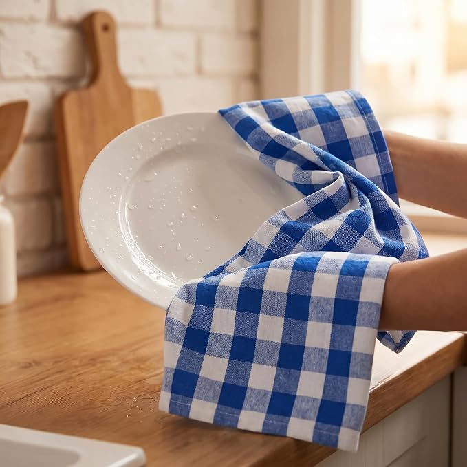 Urban Villa Kitchen Towels 100% Cotton Dish Towels for Kitchen (Set of 6) 20”x30” Dish Cloths Highly Absorbent Kitchen Linen Set with Hanging Loop Perfect for Drying Dishes Cleaning – Blue/White