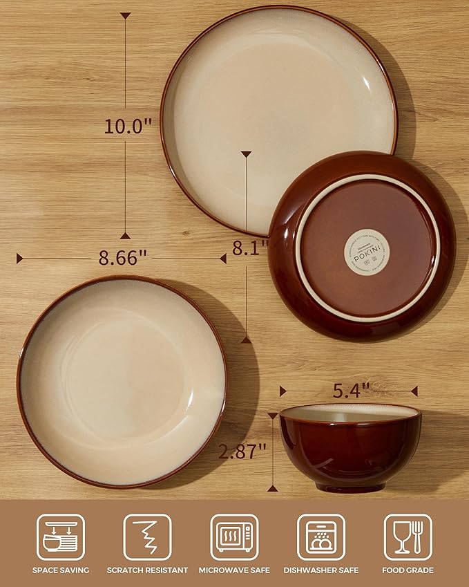 Pokini 24 Piece Double Bowl Dinnerware Sets with Pasta Bowls, Highly Chip and Crack Resistant Plates and Bowls Sets, Natural Earthyware Ceramic Dishware Sets, Service for 6 Brown Yellow