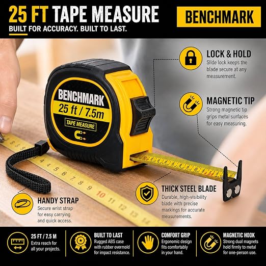 6 Pack - Tape Measures 25 ft / 7.5m – Dual Sided Blade with Easy Read Fractions to 1/8th inch Plus Centimeters on Back Side - Magnetic Tip - Thumb Lock - Belt Clip – Retractable Measuring Tape
