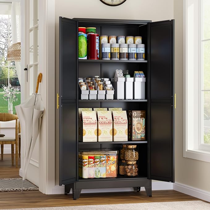 GAIOUS Metal Storage Cabinet With 2 Doors and 3 Adjustable Shelves, Black Kitchen Pantry for Food, Utility Cabinet for Laundry Room, Cupboard