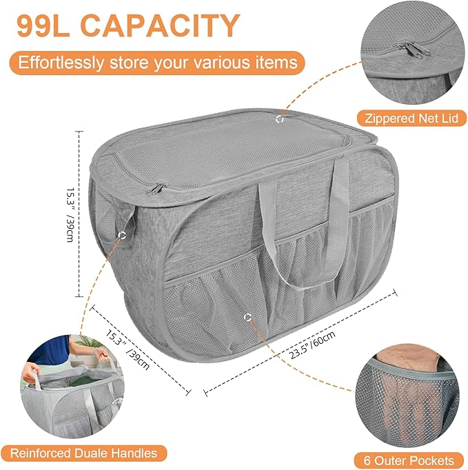 2 Pack Collapsible Laundry Baskets with Lid, Foldable Laundry Basket with Pockets, Pop Up Hamper with Dual Handles, 99L Sturdy Hampers for Clothes, Groceries, Supplies, Tools, Grey