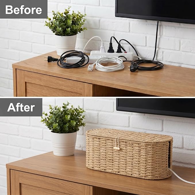 Set of 2 Cable Management Box, Handwoven Paper Rope Cord Hider Organizer Boxes with 3 Side Open Slots, Cable Organizer Box to Hide Cords Power Strip, USB Hub, TV Wires for Home, Office