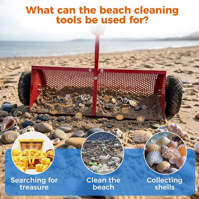28in Beach Cleaning Tool with Wheels, Basket-Shaped Sand Sifter | Beach Cleaning Tool 28in Wide Basket-Shaped with Wheels, Beach Sand Cleaning Machine for Treasure Hunting & Family Activities