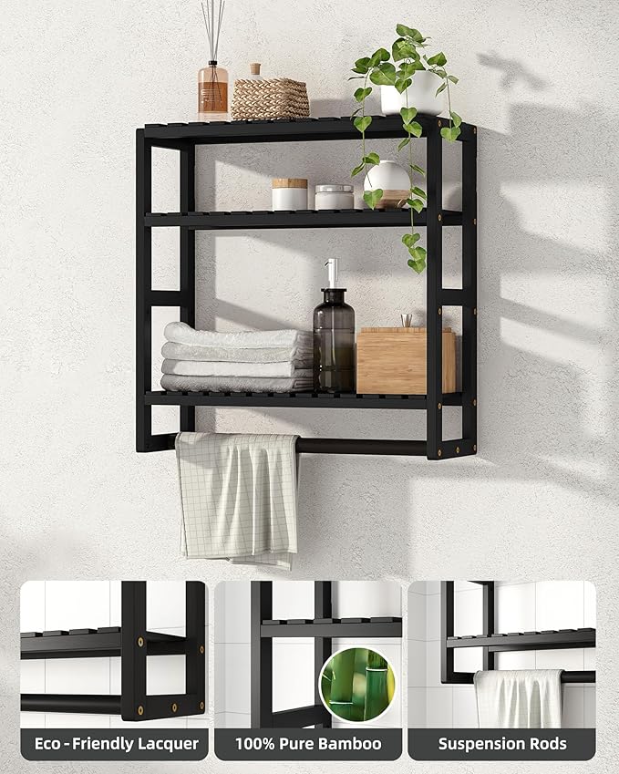 Galood Over The Toilet Storage Bathroom Shelves Wall Mounted 3 Tier Space Saver Corner Shelf Organizer Bamboo Towel Rack Toilet Paper Cabinet with Hanging Rod Black