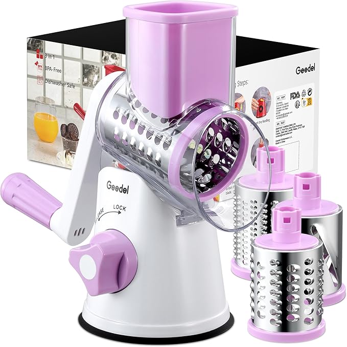 Geedel Rotary Cheese Grater, Kitchen Mandoline Vegetable Slicer with 3 Interchangeable Blades, Easy to Clean Rotary Grater Slicer for Cheese, Vegetables, Nuts