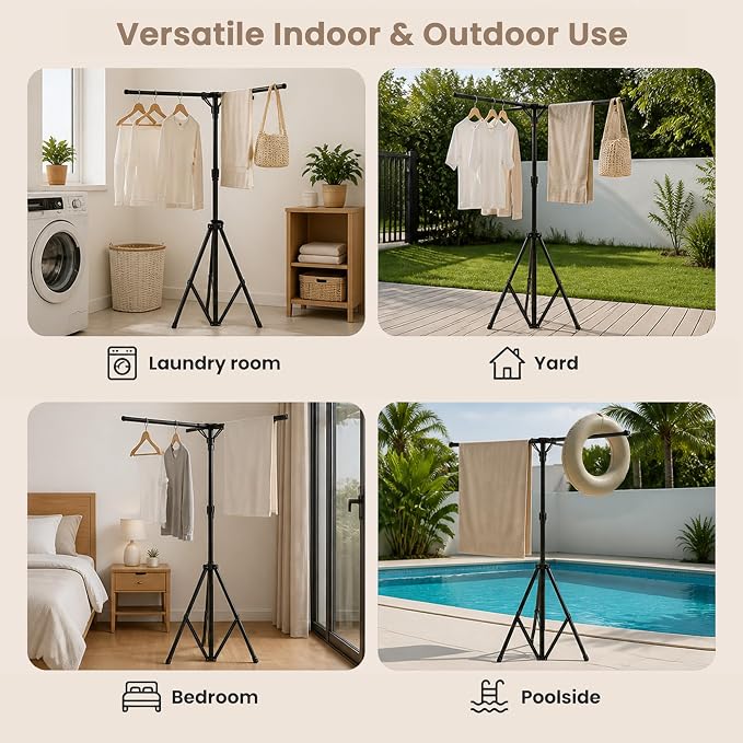 Clothes Drying Rack Foldable, Height Adjustable | Stable Tripod Base, Rust-Resistant, Quick Fold Button, Fits 90°/180°/270° Corners, Space Saving