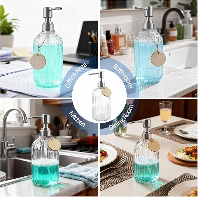 40 Pack Soap Dispenser Set with Stainless Steel Pump, Clear Glass Pump Dispenser, 18 Oz Refillable Empty Bottles for Hand Soap, Dish Soap, Shampoo&Conditioner, Kitchen Sink and Bathroom Decor.