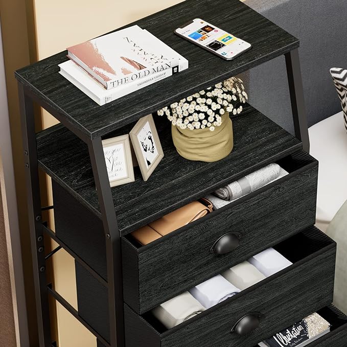 Furnulem Tall 4 Drawers Dresser, Vertical Storage Tower Black Dresser for Bedroom, Hallway, Entryway, Nursery, Closet Organizer, Nightstand Bedside Table Furniture, Sturdy Steel Frame, Wood Top