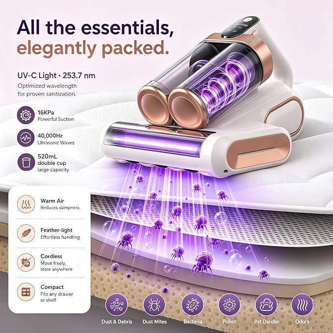 Cordless Mattress Vacuum, Rechargeable Handheld Dust Remover | Strong suction for bed, carpet, sofa, car. Portable for home & dormitory. Rechargeable battery. Lightweight. White.