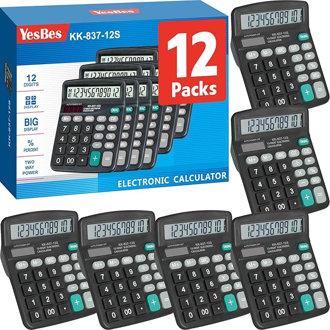12 Pack Calculator Bulk, 12 Digits Calculators Desktop with Large LCD Display and Sensitive Butto, Solar and Battery Dual Power, Desk Calculator for Office, School, Home