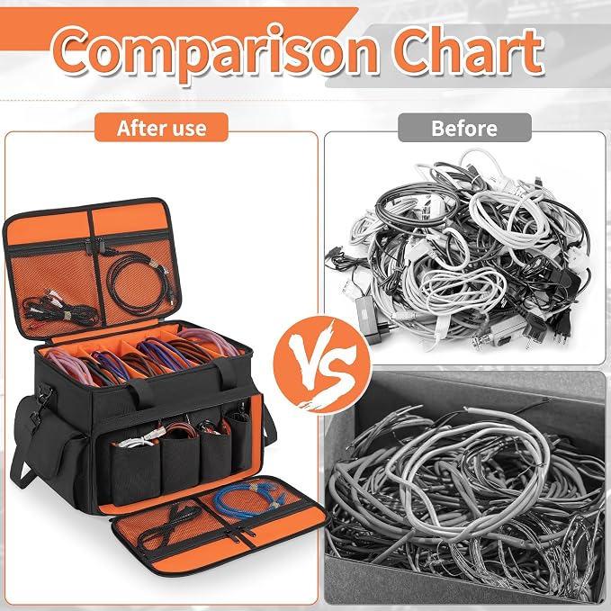 IBVIVIC DJ Cable File Bag With Adjustable Dividers, Dj Gig Bag for Cables, Cords, DJ Gear, Sound Instrument and Accessories, Cable Organizer Bag 16L x 11W x 12H inch